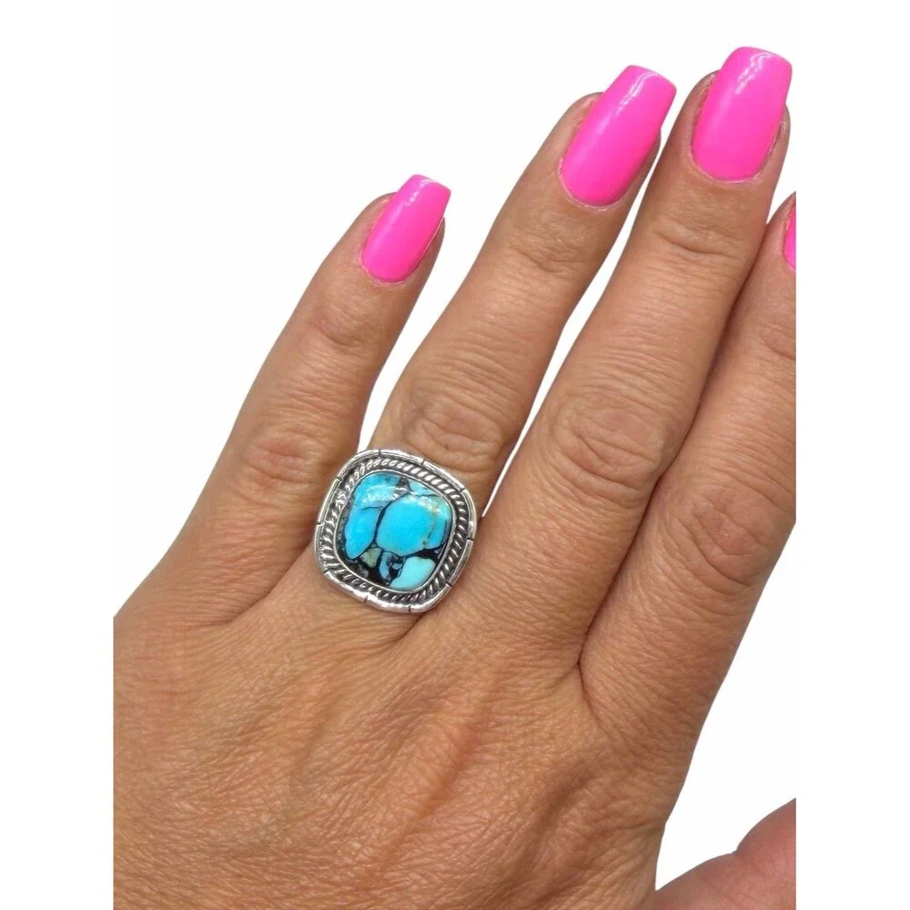 Tibetan Turquoise Ring Size 7 Solid 925 Sterling Silver Square